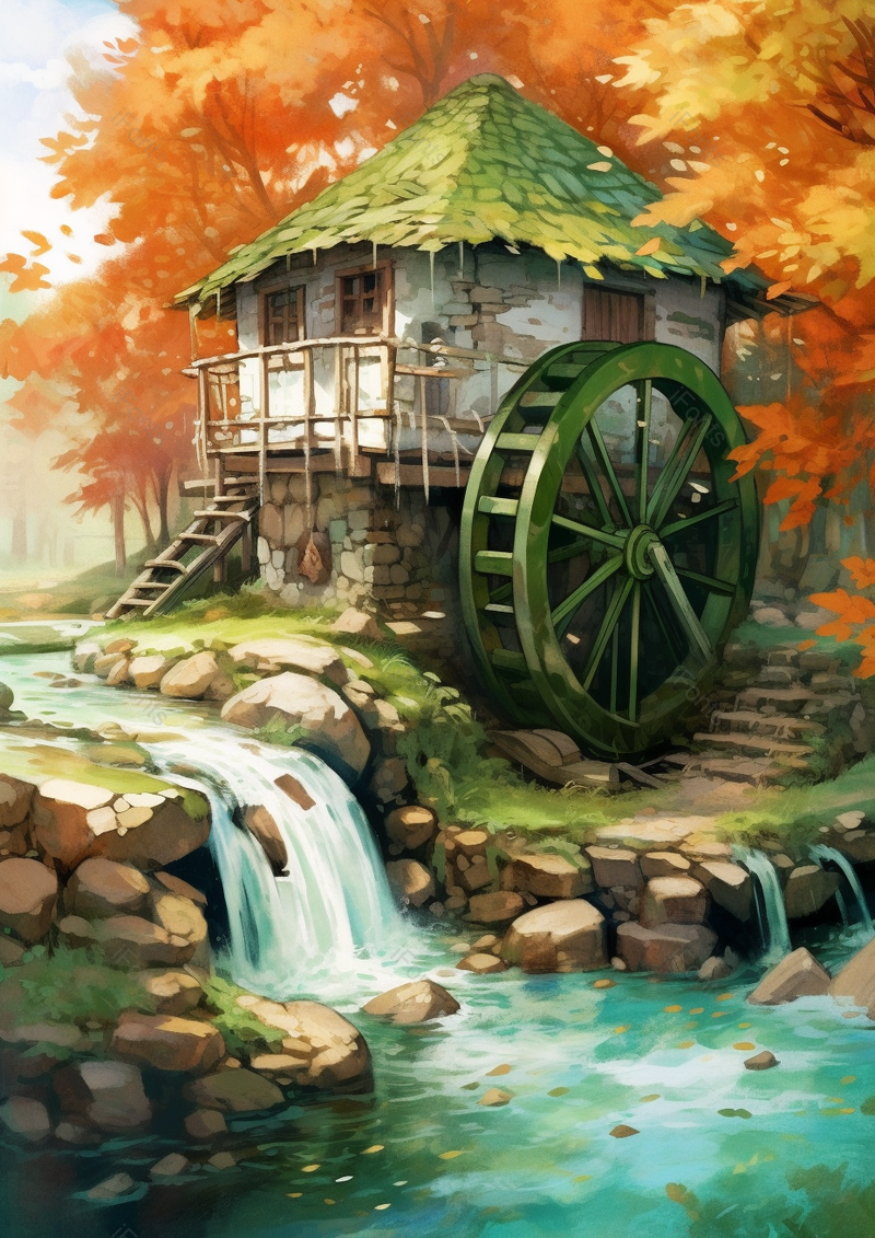 小满水车农田木屋森林小溪流水枫叶黄色秋季插画,插画/手绘图,插画/手绘图库,插画/手绘图下载,插画/手绘